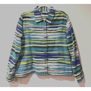 Women's Denim Stripe Blue White Green Blazer Jacket Decorative Buttons Size L